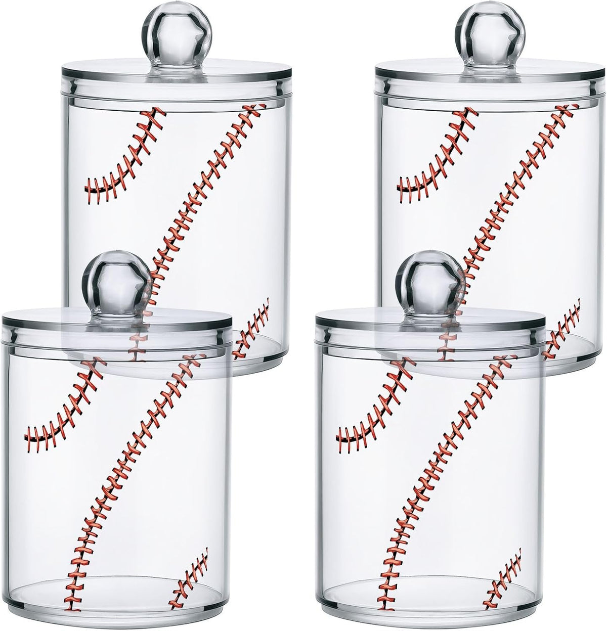Gredecor 4 Pack Apothecary Jars Baseball Softball Red Lace Qtip Holder Organizer Clear Airtight Canister for Cotton Swabs Storage Acrylic Plastic Jar with Lids