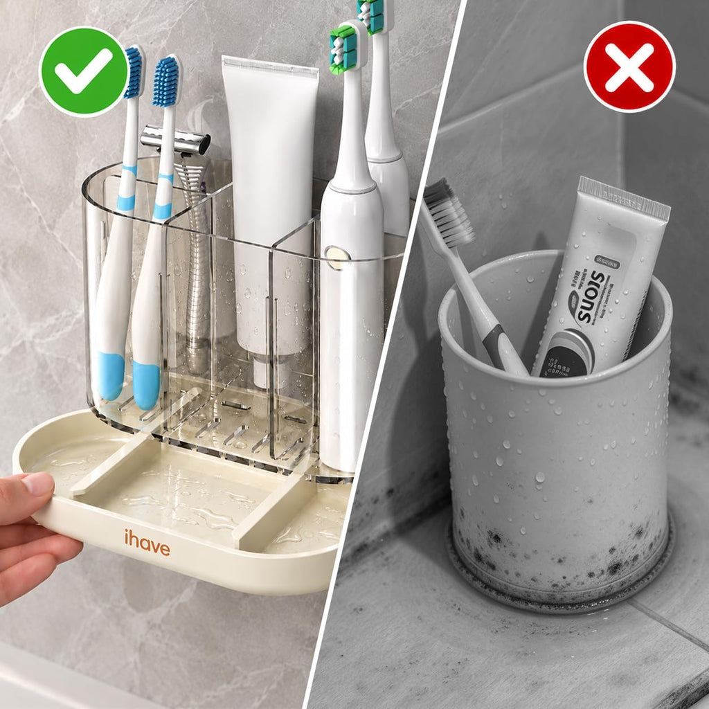 iHave Toothbrush Holders, Bathroom Counter Organizer with Wall Mount, White