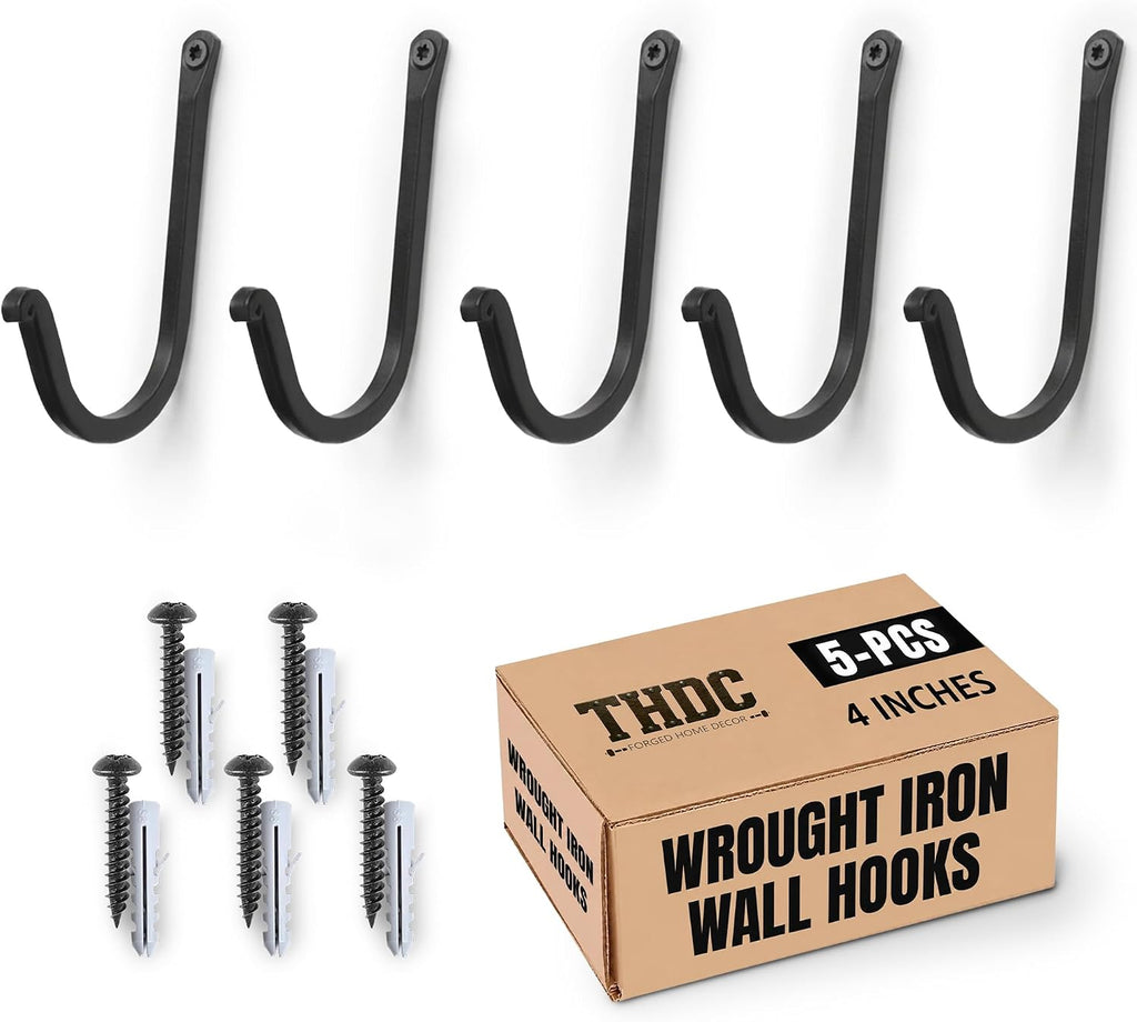 THDC Single Prong Wrought Iron Hooks, Vintage Hand Forged Iron Curved Metal Fasteners – Decorative Colonial Wall Décor, Heavy Duty Wall Hooks, Hangers for Keys, Coats, Robe, Bags, Home, Kitchen (5)