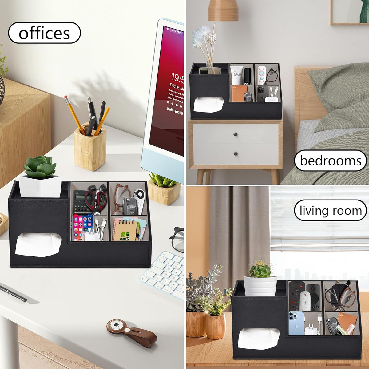 Plus Size Tissue Box Cover-Square Tissue Cover with Side Storage and Tray,Modern Makeup Organizer,PU Leather Tissue Holder Decorative Cube Organizer for Living Room Vanity NightStand Office,Black