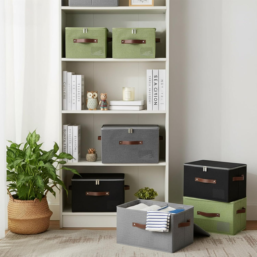 ANMINY Small Storage Box Fabric Bins with Zipper Lid, 10"x8"x7" Green