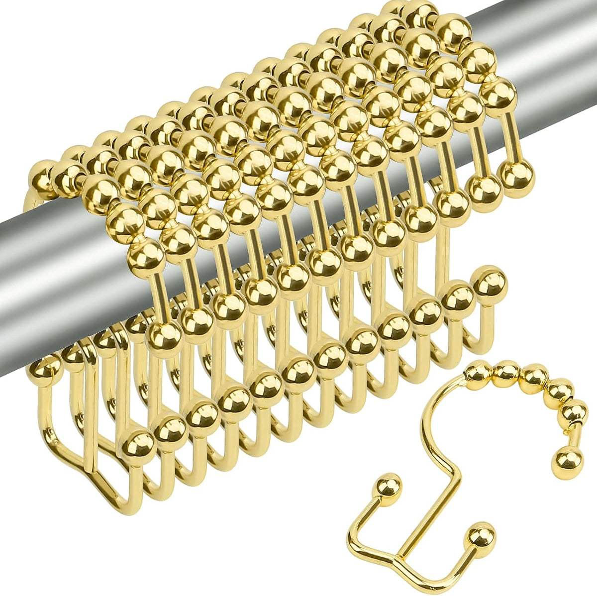 Gidse Shower Curtain Hooks,Sturdy Stainless Steel Double Sided Shower Hooks Rings for Bathroom Shower Curtain Rods Curtains Set of 12 Hooks - Gold