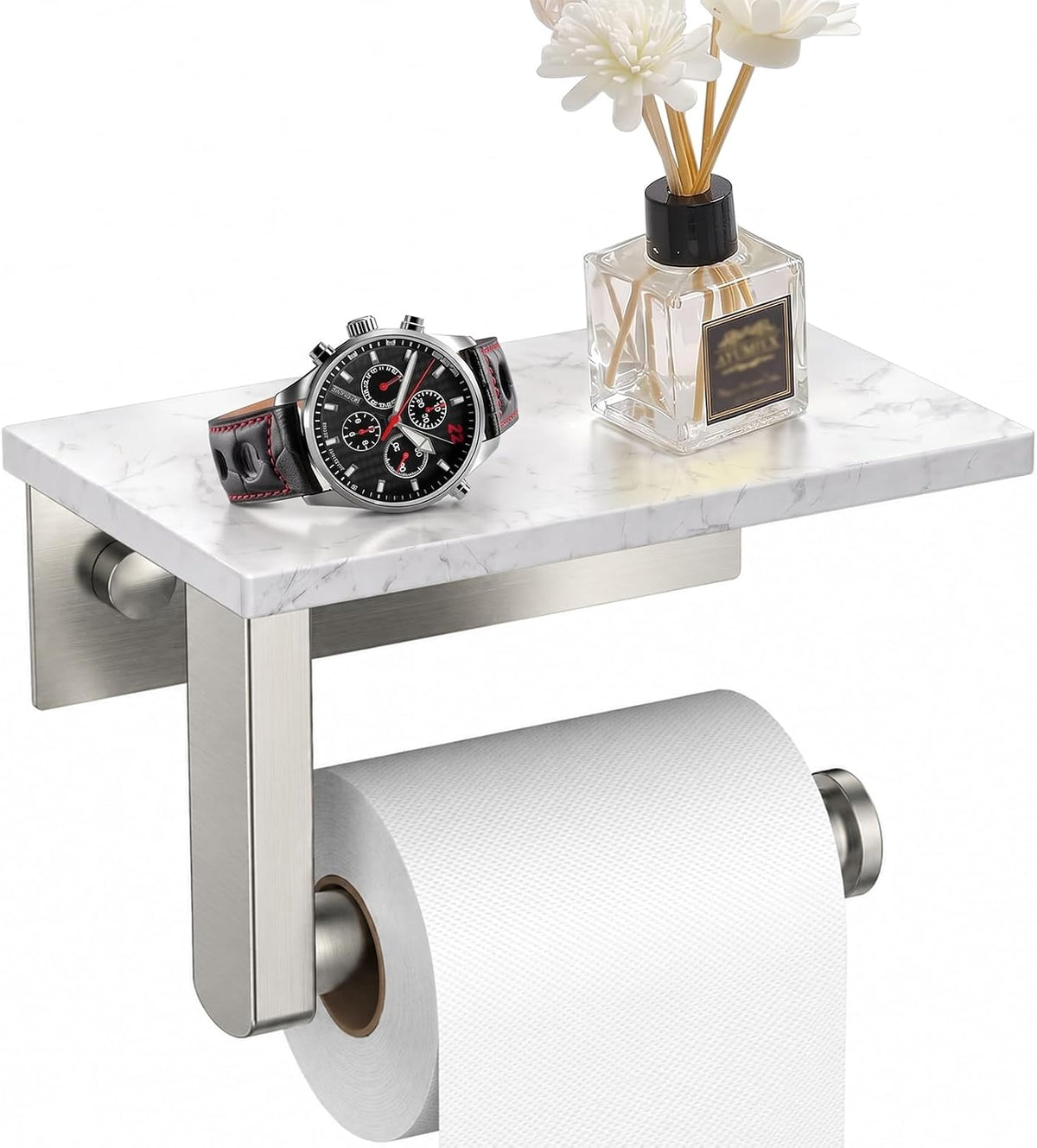 BWE Brushed Nickel Toilet Paper Holder with Marble Shelf Wall Mounted