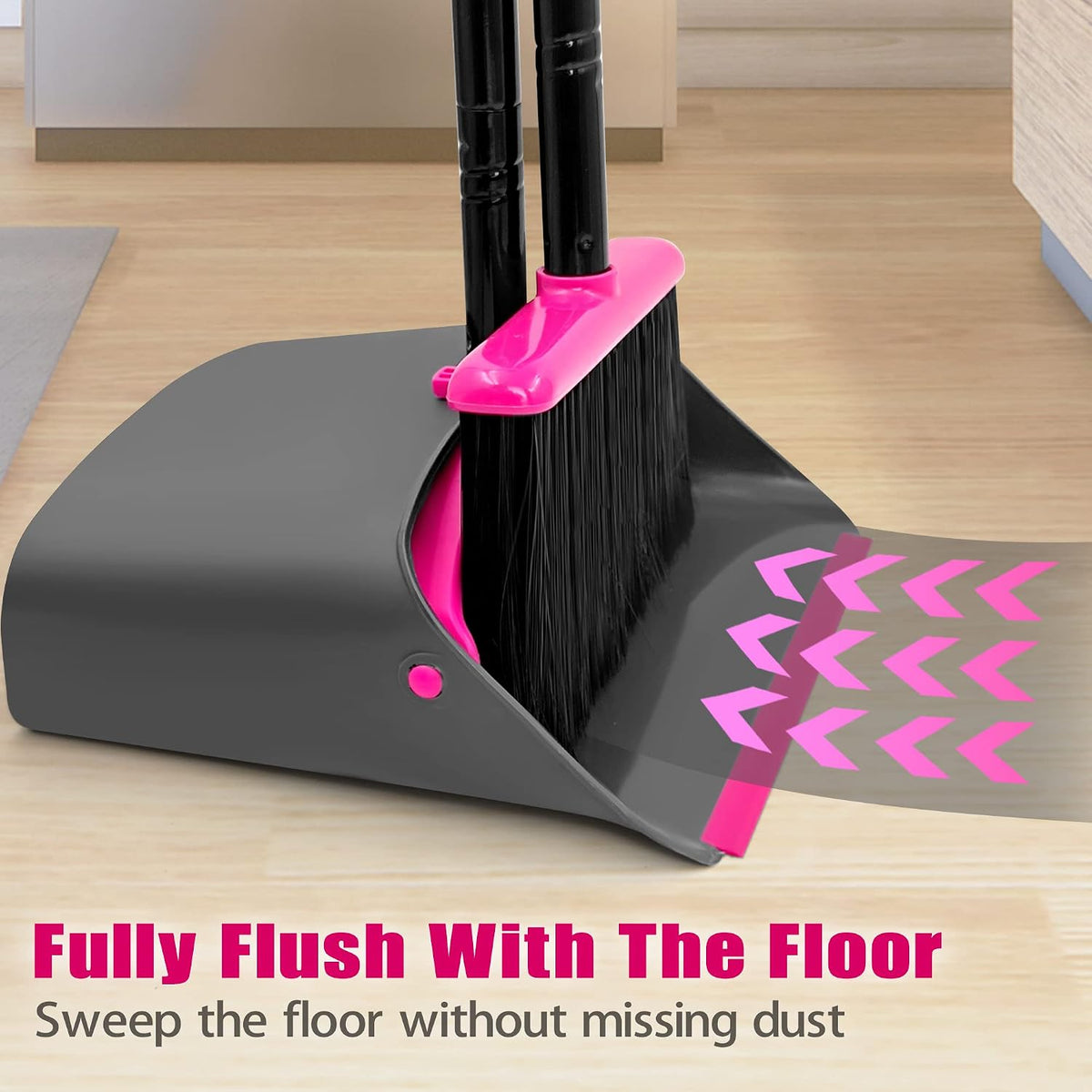 JEHONN Broom with Dustpan Combo Set, Long Handle Lightweight Indoor Broom Set, Upright Standing Dust Pan with Comb Teeth Store Sweep Set for Home Room Kitchen Office Lobby (Rose Red)