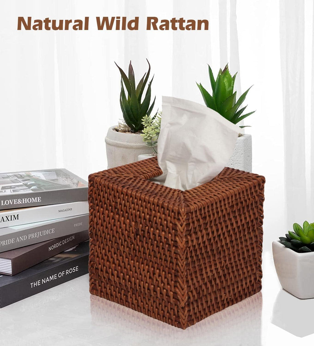 Livelab Natural Rattan Tissue Box Cover, Square Hand Woven Tissue Box Holder Tissue Box Case Organizer 5.5"X5.5"X5.7" Honey Brown