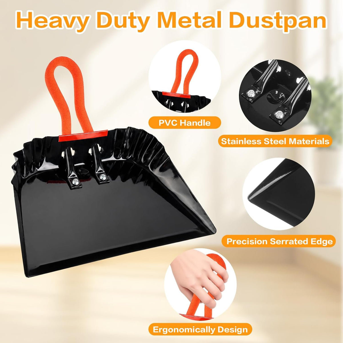 12 Inch Heavy Duty Metal Dust Pan, Steel Dust Pan with PVC Grip Handle