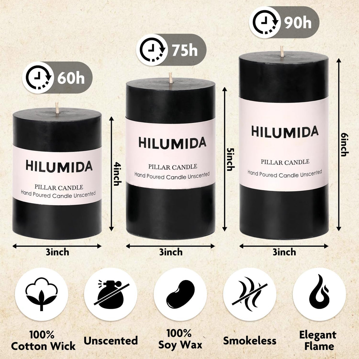 Black Pillar Candles Set of 3, Black Candles for Punk Decorations, Width 3" High 4" 5" 6" Unscented Smokeless Soy Wax Candle, Suitable for Gothic, Industrial, Minimalist and Dark Style Candle