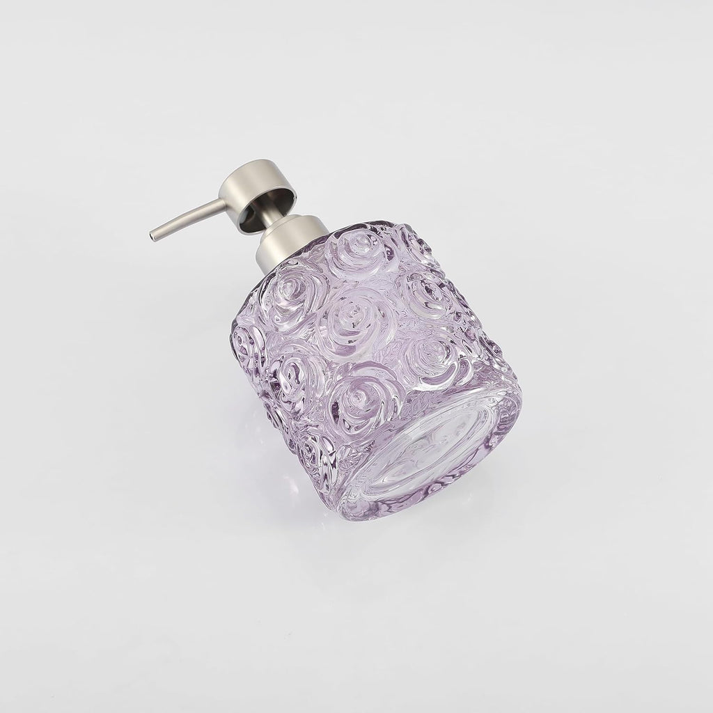Marcella Glass Soap Dispenser with Soap Pump, Refillable 14 Ounce Capacity, Floral Design Rose Patterns, Heavy Weight Thick Glass for Bathroom, Premium Kitchen Soap Dispenser Lavender