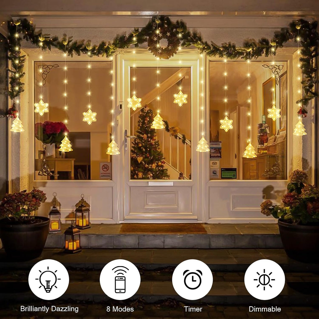 BLOOMWIN Christmas Window Lights Indoor - 2M 160 LED Christmas Window Decorations, Snowflake Curtain Hanging Fairy String Icicle Lights for Xmas Noel Bedroom Holiday Home Outdoor, Warm White USB