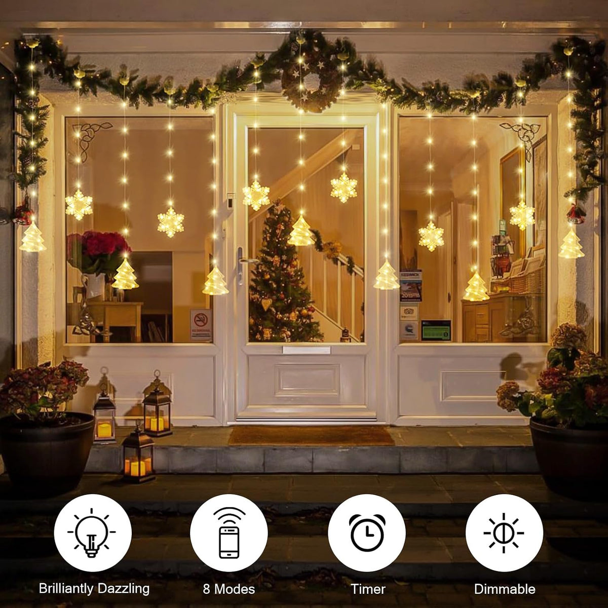 BLOOMWIN Christmas Window Lights Indoor - 2M 160 LED Christmas Window Decorations, Snowflake Curtain Hanging Fairy String Icicle Lights for Xmas Noel Bedroom Holiday Home Outdoor, Warm White USB