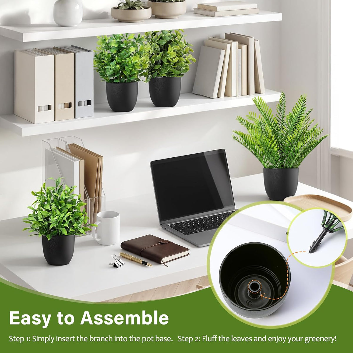 4 Pack Small Fake Plants in Black Pots Fern Eucalyptus Mix