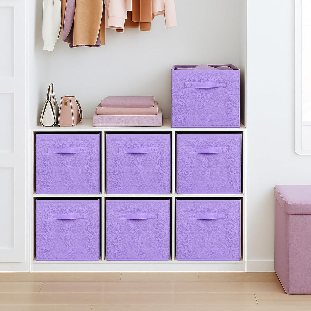 ShellKingdom Storage Bins, Foldable Fabric Storage Cubes with 3D Embossed Rose Pattern, Cloth Organizer Drawer For Closet And Toys, 10.5 X 10.5 X 11 inch, 2 Pack (Lavender)