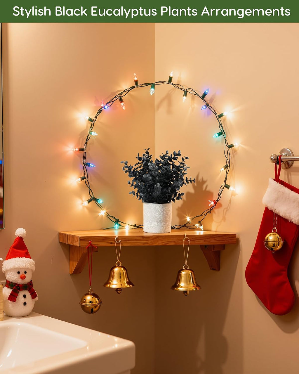 Velener 2 PCS Small Fake Eucalyptus Plant Halloween Artificial Potted Plants Indoor for Christmas Decor Indoor Realistic Faux Plant for Office, Bathroom, Living Room, Desk, Shelf, Home Decor (Black)