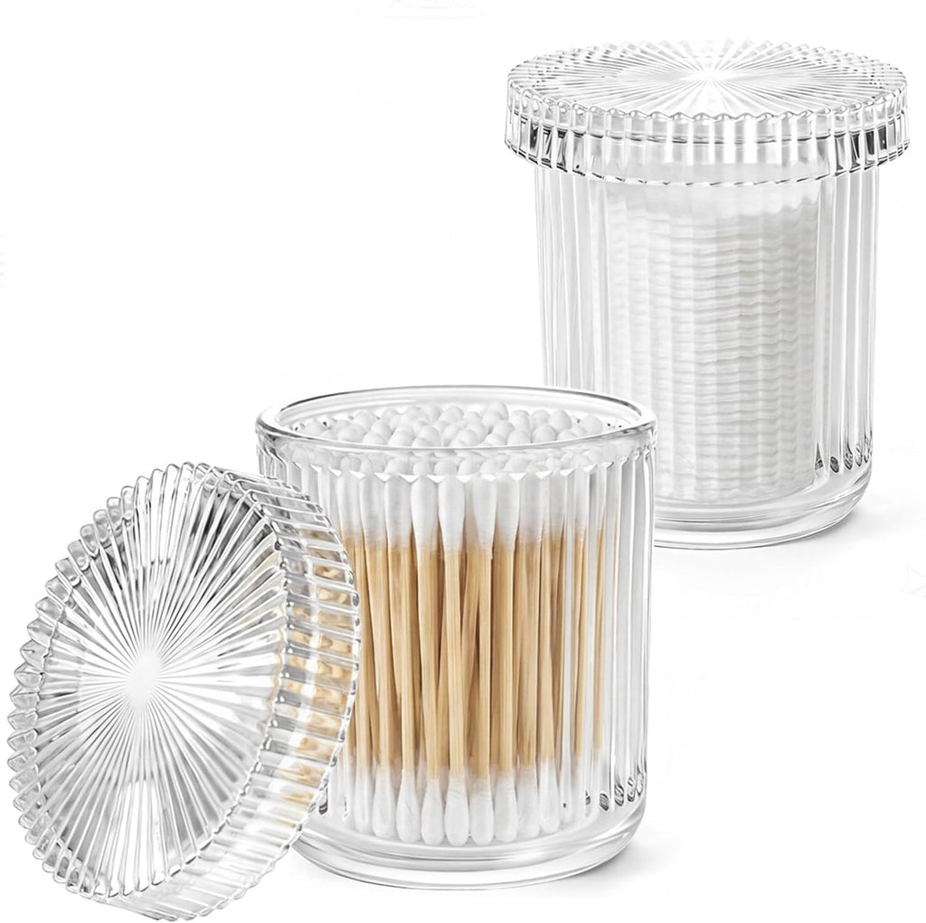 SheeChung 2 Pack Glass Qtip Holder Dispenser Set, Apothecary Jars with Lids
