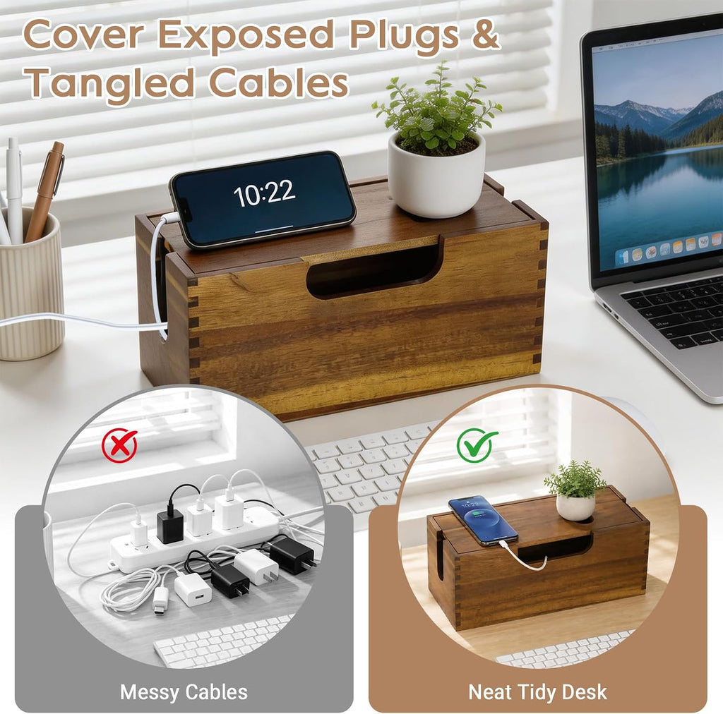 Wood Cable Management Box, Cord Hider Organizer for Power Strip