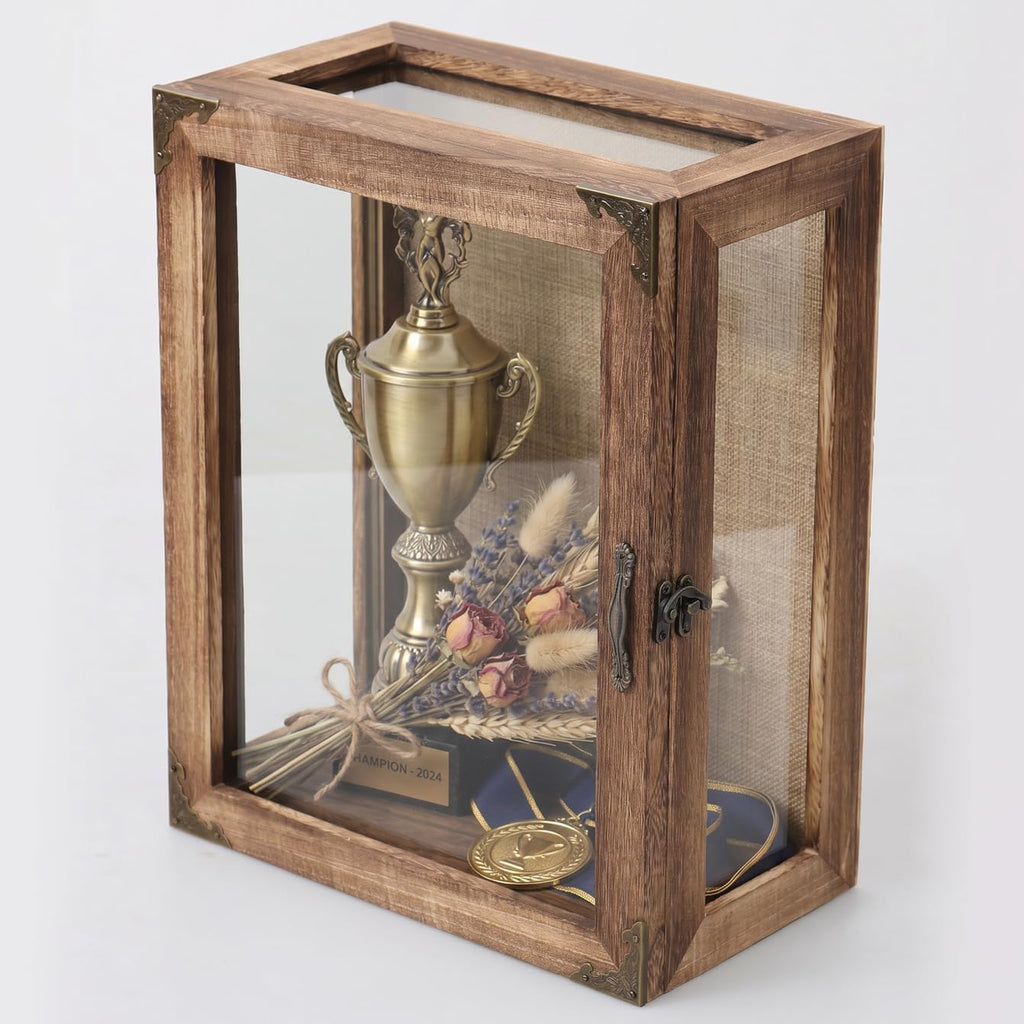 Shadow Box Display Case 11x14 Deep with Glass on 4 Sides, 6.2in Depth Wall Mounted Memory Box for Keepsakes, Wooden Display Case for Graduation Cap, Jersey, Wedding, Medals – Rustic Shadowbox Frame