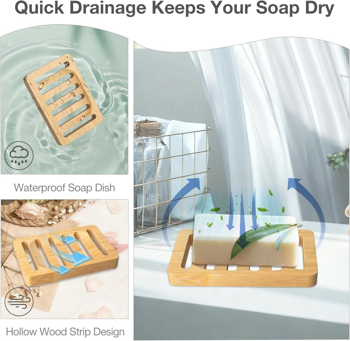 Wooden Soap Dish, Bamboo Soap Holder for Shower, Self Draining Tray