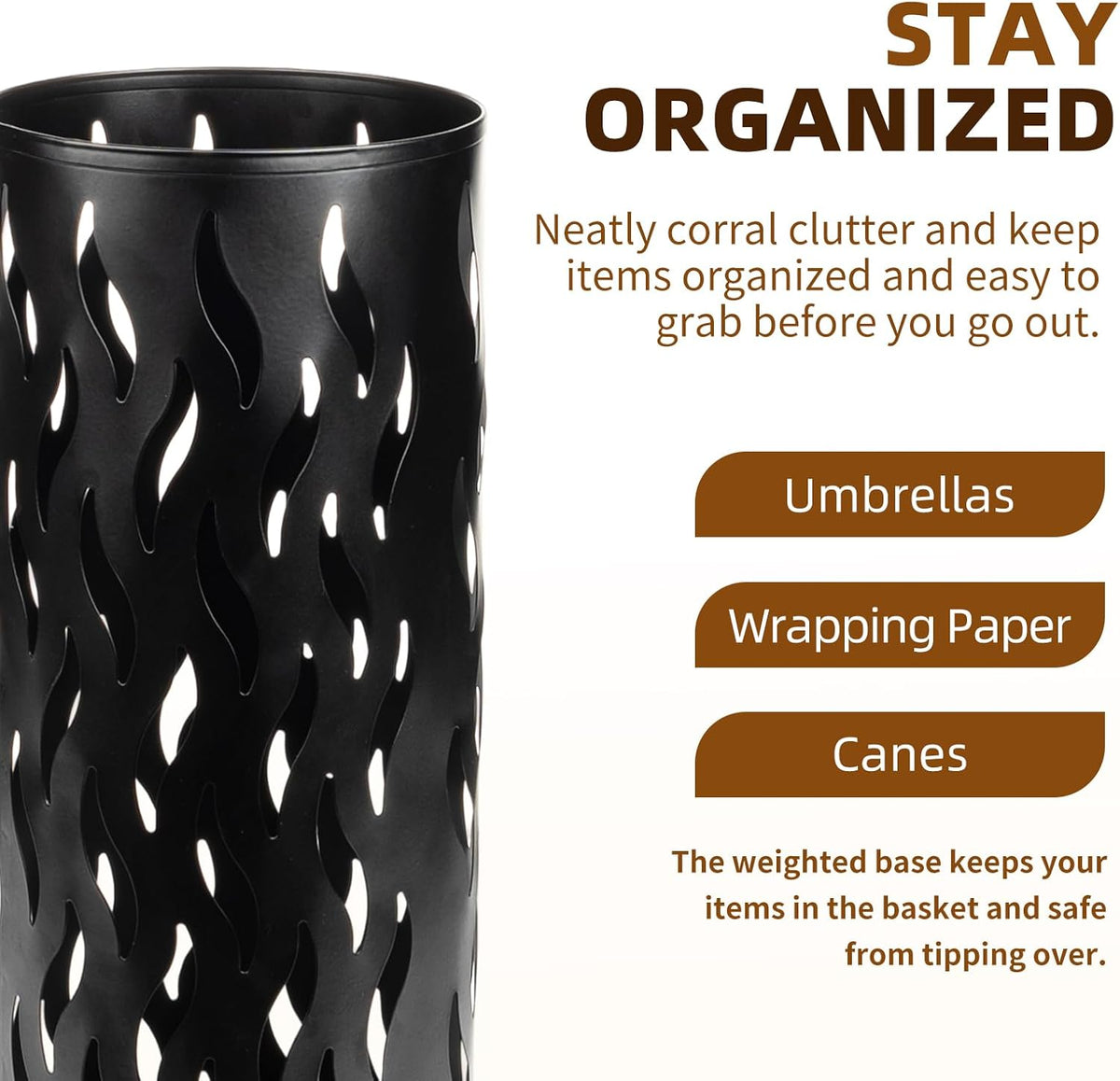 Black Umbrella Holder, Metal Umbrella Stand Holder for Entryway, 16.5 x 5.91 x 5.91 Umbrella Storage Indoor with 4 Hooks Decor for Home, Office
