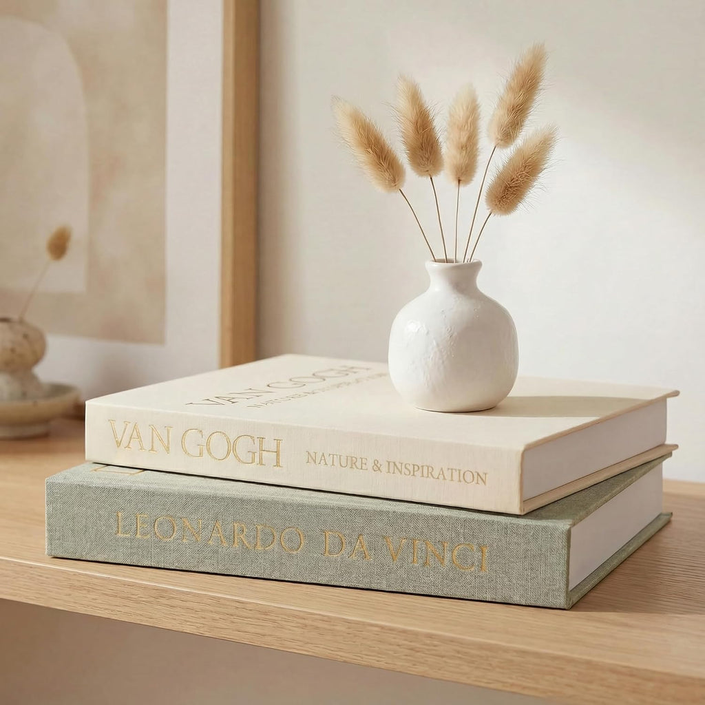 Aesthetic Decorative Books - Set of 2 Linen Boxes with Gold Lettering, Enhance Your Coffee Table, Bookshelf or Mantle Decor - Fake/Faux Books for Home Decoration, Photo & Keepsake Storage