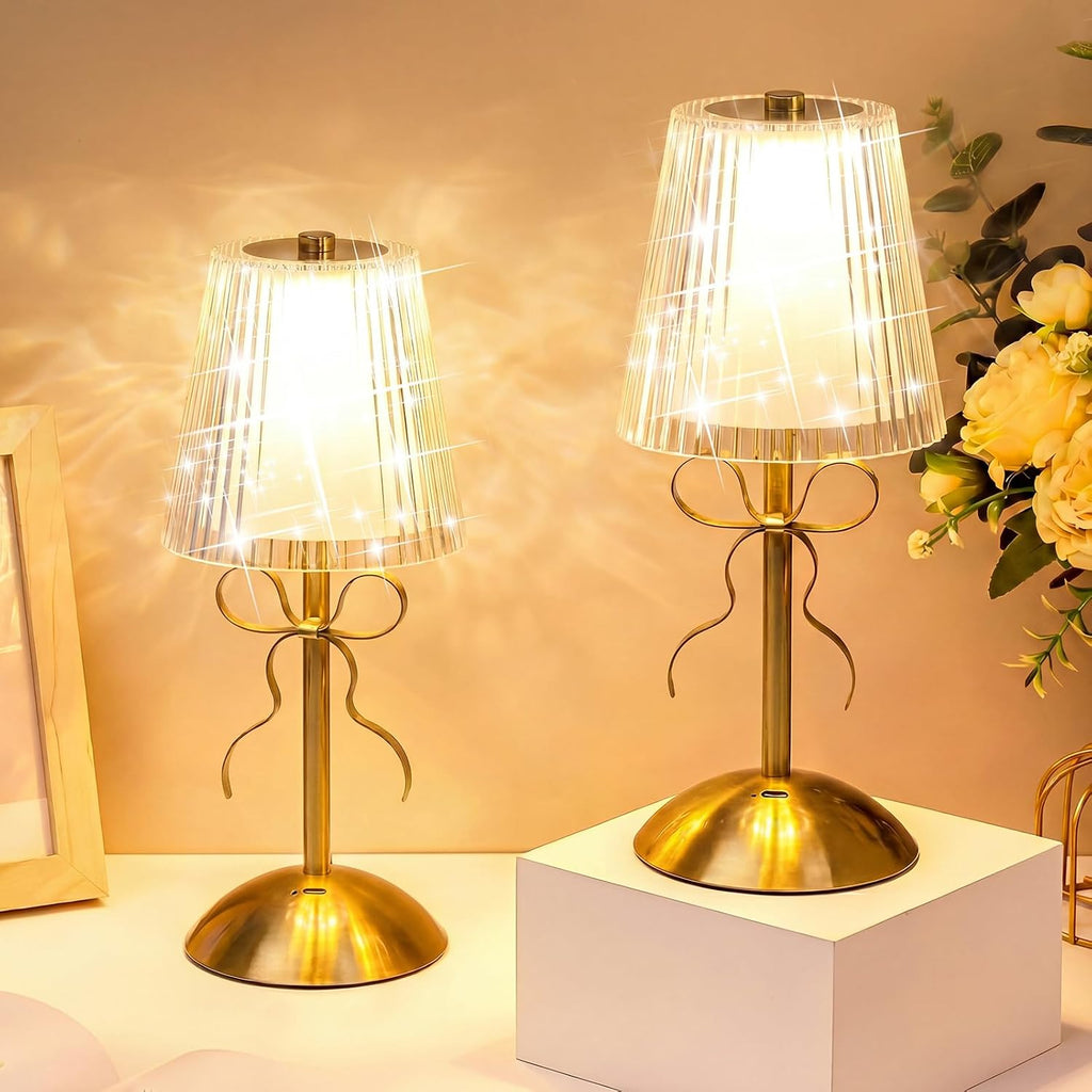 Liliful 2 Pcs Cordless Table Lamp LED Touch, Gold, Hollow Lined Style Bow