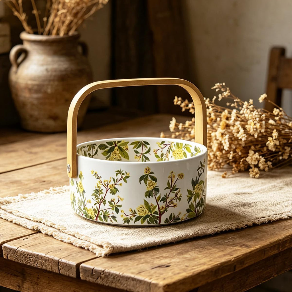 Ceramic Fruit Basket with Detachable Wooden Handle Candy Dish Decorations Ornaments Decorative Bowl for Home Kitchen & Dining Table Office Decor (Osmanthus) 1000ml