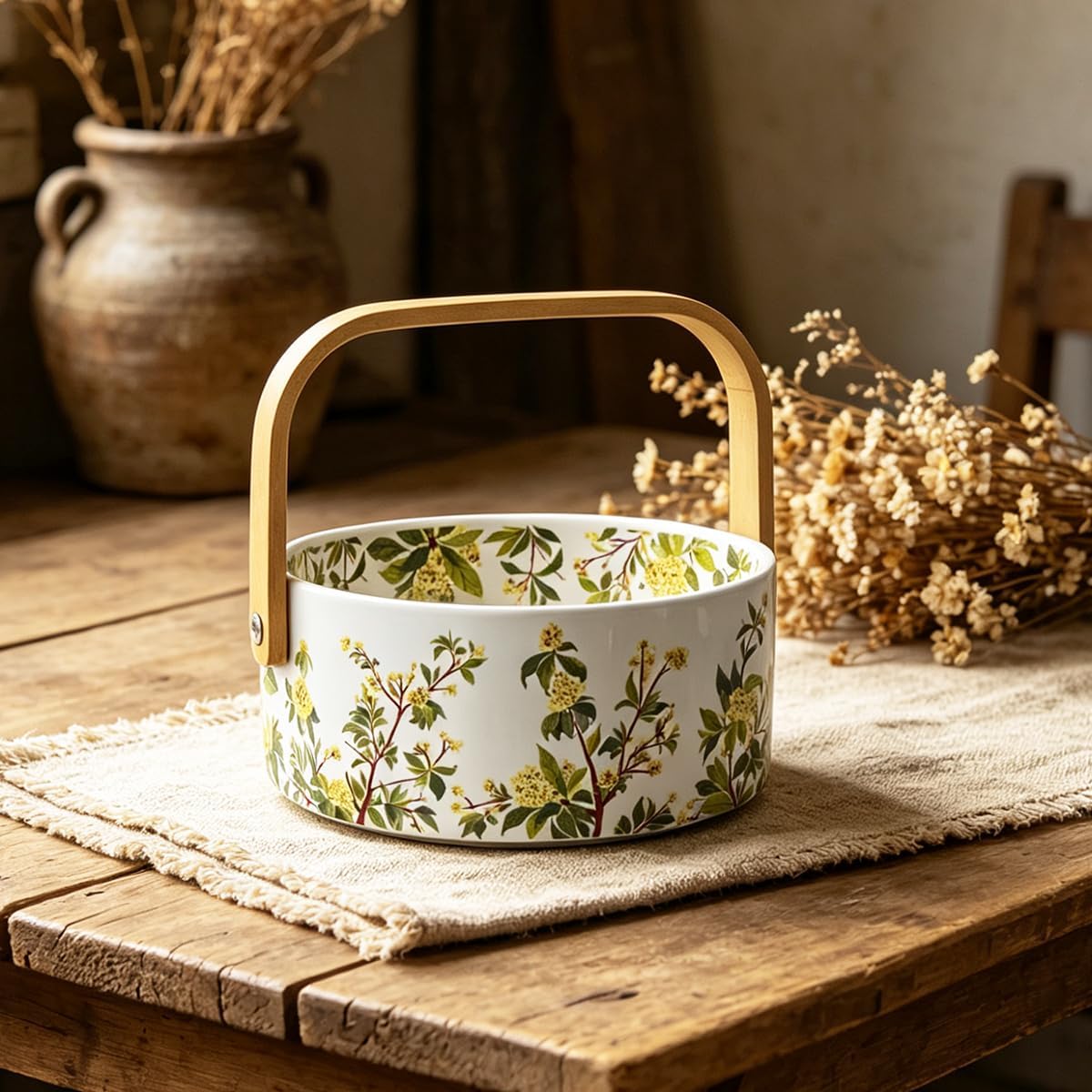 Ceramic Fruit Basket with Detachable Wooden Handle Candy Dish Decorations Ornaments Decorative Bowl for Home Kitchen & Dining Table Office Decor (Osmanthus) 1000ml
