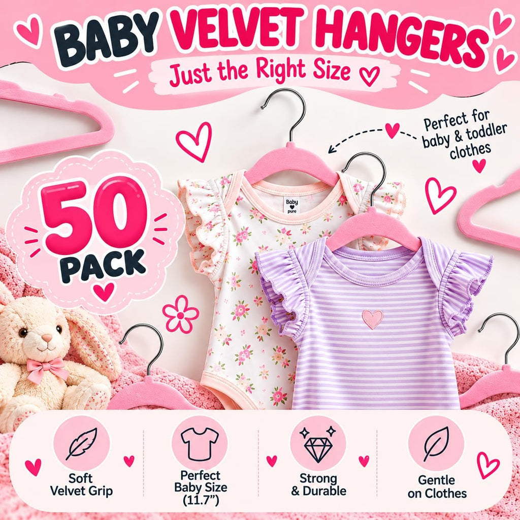 TechZoo 50 Premium Baby Velvet Hangers - 11.8 Inches Non-Slip & Ultra-Slim Baby Hangers for Space-Saving & Children Clothes - 360 Swivel Hook, Strong & Durable Infant & Toddler Clothes Hanger - Pink