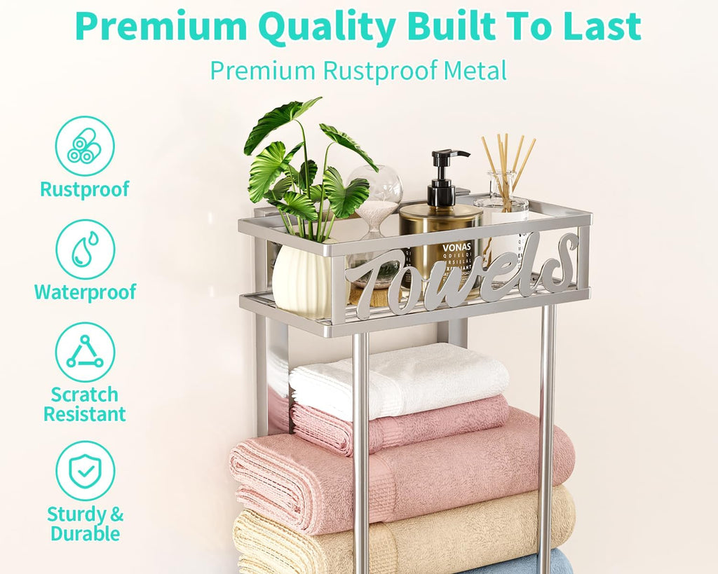HapiRm Towel Rack Bathroom Storage - 3 Tier Over The Door & Wall Mounted Rolled Towel Racks Holder Organizer with Metal Shelf and 6 Hooks for Small Bathroom, Camper, Rv - Sliver