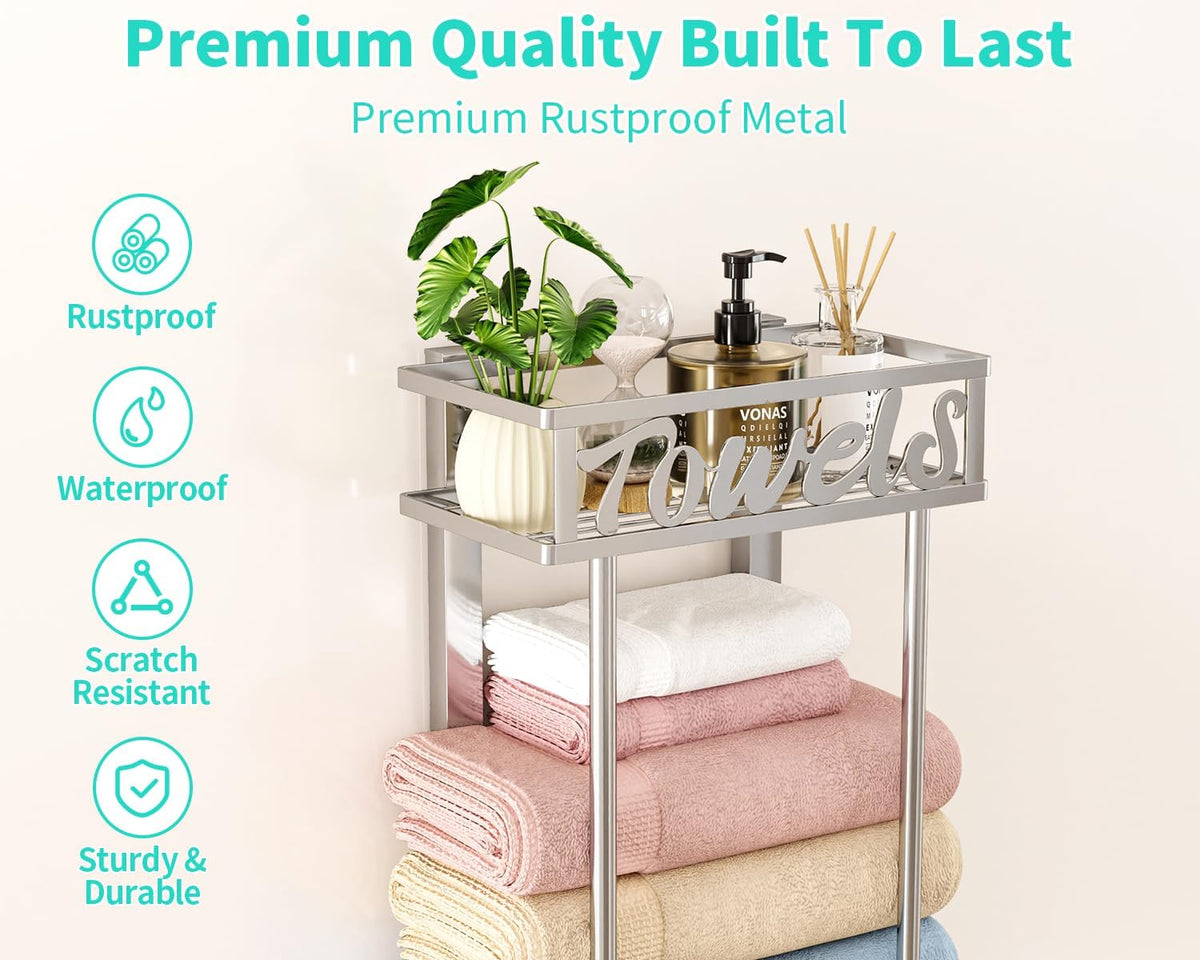 HapiRm Towel Rack Bathroom Storage - 3 Tier Over The Door & Wall Mounted Rolled Towel Racks Holder Organizer with Metal Shelf and 6 Hooks for Small Bathroom, Camper, Rv - Sliver