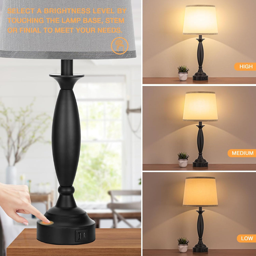 Bedroom Lamps for Nightstand, 3 Way Dimmable Black Bedside Lamps with USB