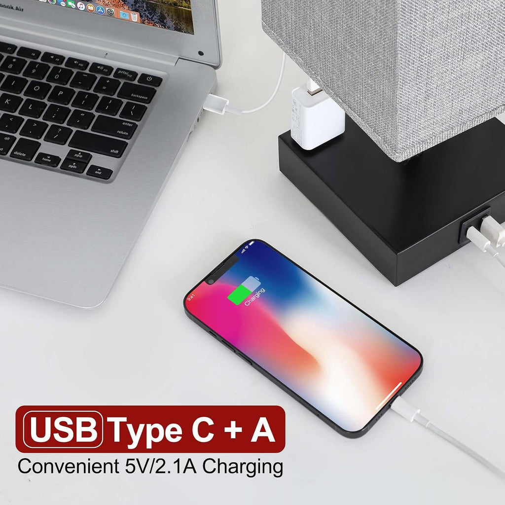 Bedside Table Lamp for Bedroom - Touch Small Lamp with USB C+A Charging Ports & AC Outlets, 3 Way Dimmable Nightstand Light for Living Room (LED Bulb Included, Grey)