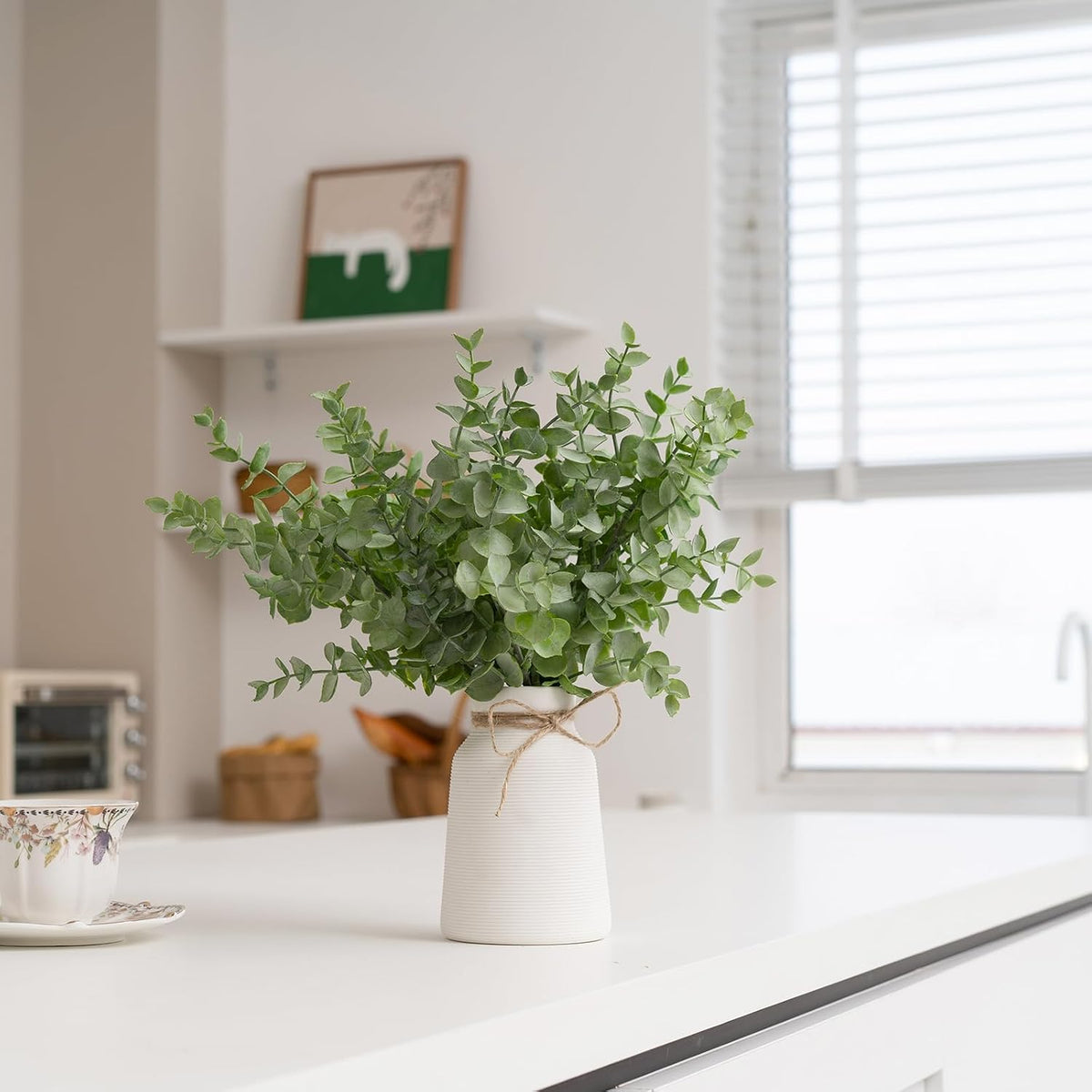 Artificial Eucalyptus Stems in White Ribbed Texture Ceramic Vase,Realistic Greenery 14" Faux Plant Arrangements Home Decor Weddings Centerpieces