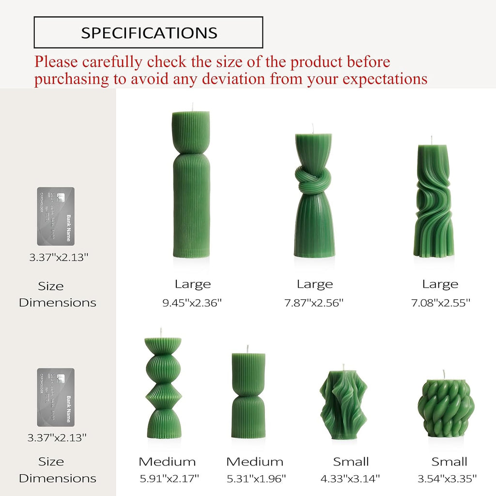 7-Pack Pillar Candles - Soy Wax Handmade Ribbed Candles for Home Decor, Housewarming Gift, Shelf & Table Decor - Aesthetic Modern Candles Set (Green)
