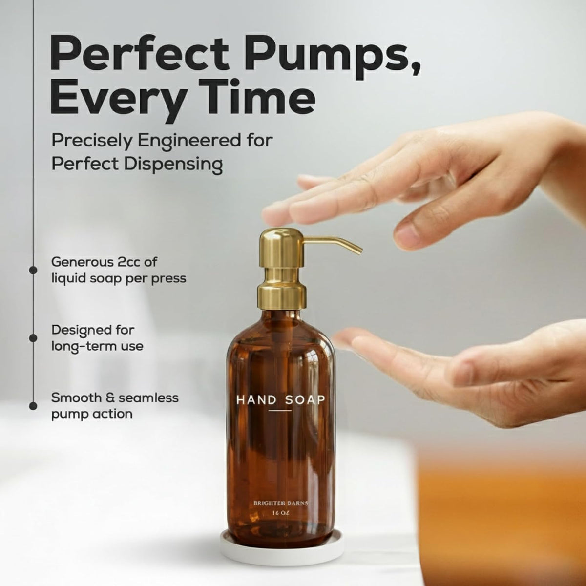 Luxury Glass Hand Soap Dispenser Bathroom Set by Brighter Barns - Refillable Liquid Hand Soap Dispenser Set for Kitchen - Gold Bathroom Decor and Accessories for Spa, Office, Hotel, Gifts (Amber/Gold)