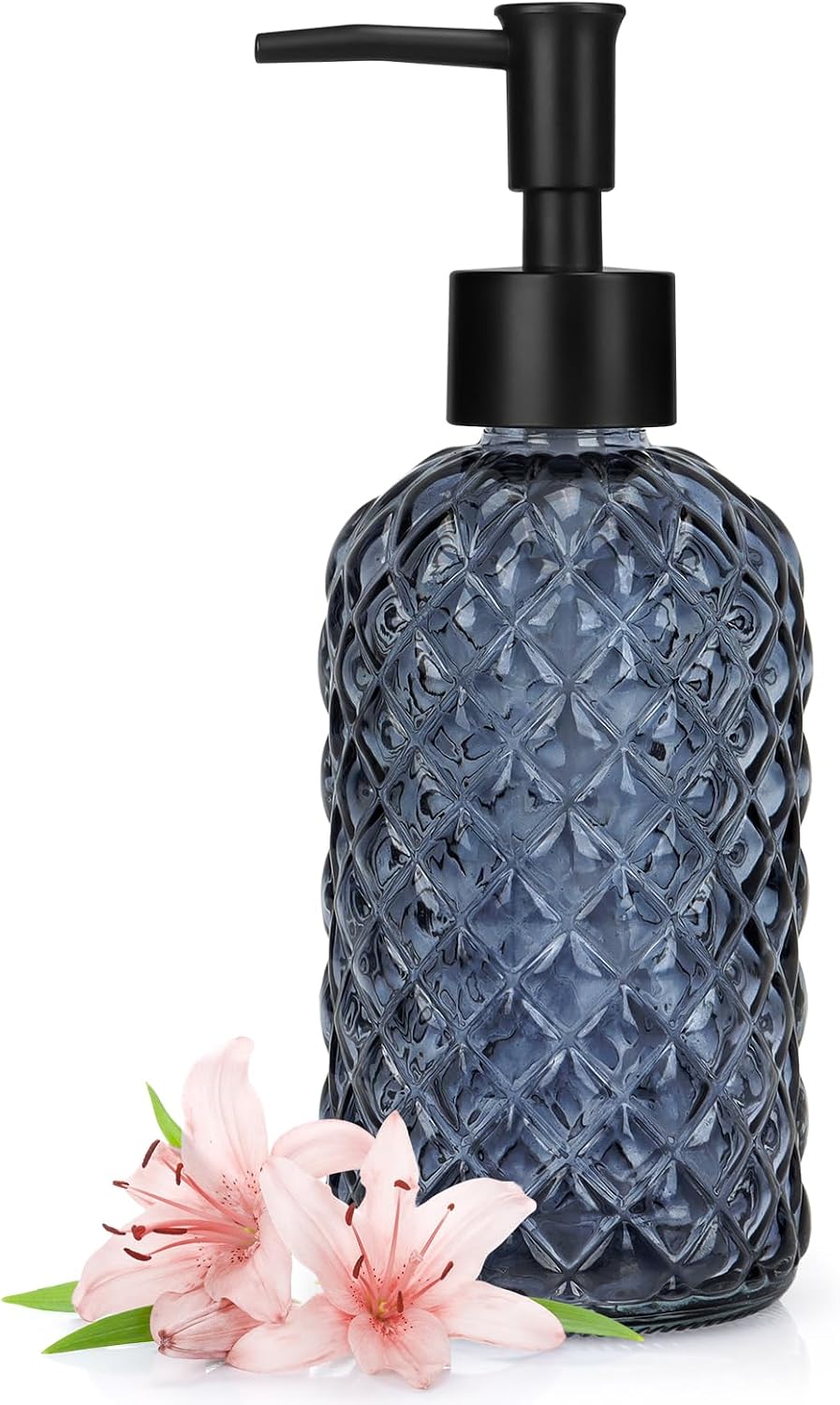 13.5oz Glass Soap Dispenser with Plastic Pump, Diamond Design Refillable Hand Soap Dispenser for Hand Wash, Bathroom and Kitchen (Blue Grey)