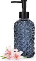 13.5oz Glass Soap Dispenser with Plastic Pump, Diamond Design Refillable Hand Soap Dispenser for Hand Wash, Bathroom and Kitchen (Blue Grey)