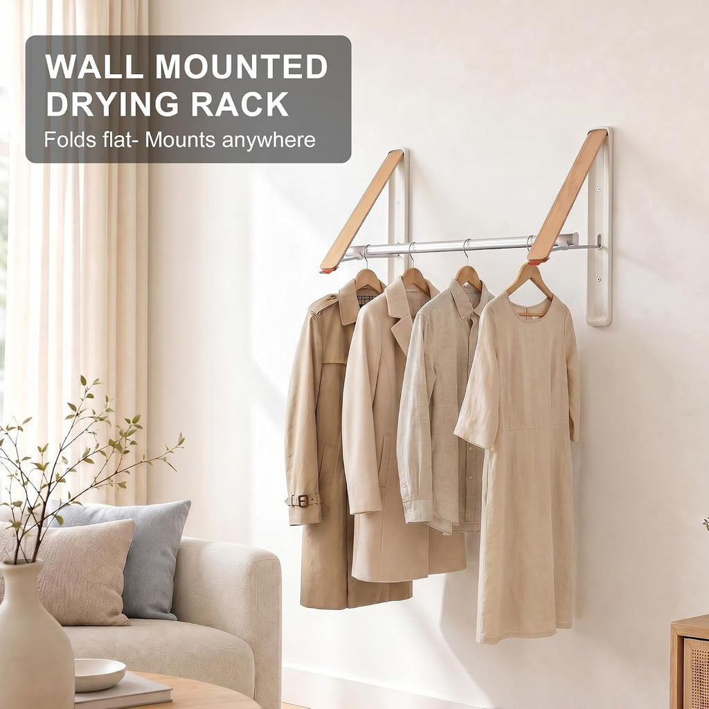 LEQ Clothes Drying Rack Wall Mounted, Foldable Laundry Drying Rack with Wood-Tone Aluminum Frame, Rustproof Retractable Clothes Hanger for Small Laundry Room, Bathroom, Balcony,(White, 2 Racks + Rod)