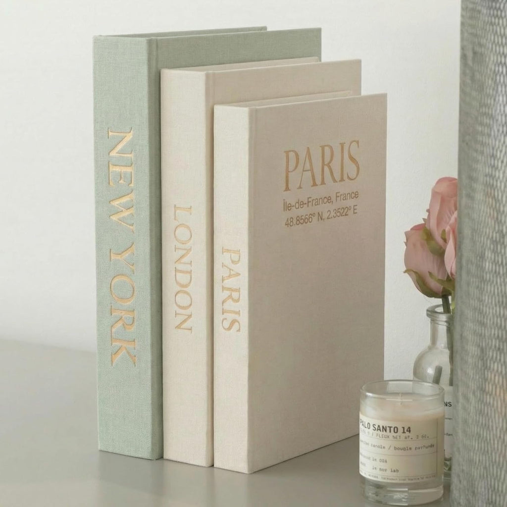 Faux Book Storage Box Set of 3—Green/Beige/Beige—Decorative Faux Books with Hidden Storage for Coffee Table Decor, Bookshelf or Mantle—Linen Decorative Boxes—Aesthetic Book Decor for Home