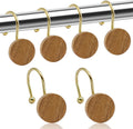 Shower Curtain Hooks, Wood Decorative Shower Curtain Rings, Modern Round Log Shower Curtain Hangers, 12PCS Metal Shower Hooks for Shower Curtain Rod, Bathroom, Bedroom, Living Room (Gold)