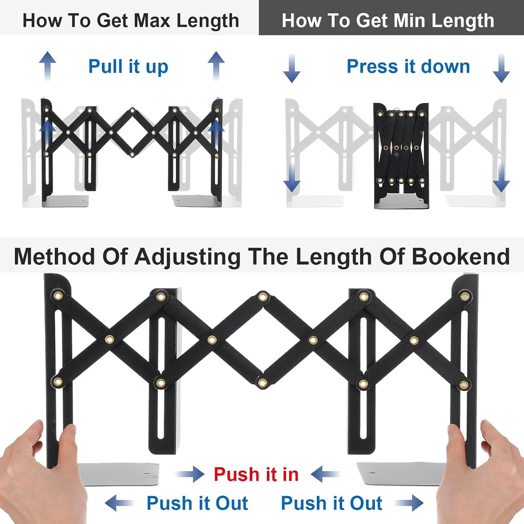 2 PCS Adjustable Book Ends for Shelves, Heavy Duty Metal Book Holder Organizer, Expandable Desk Book Stopper for Office Home, Black