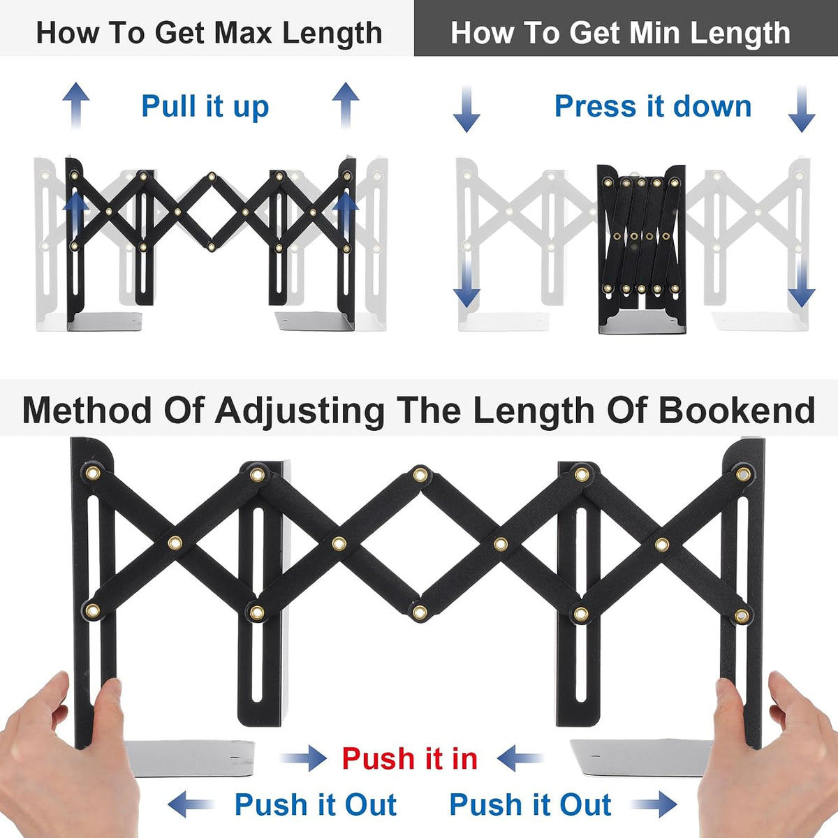 2 PCS Adjustable Book Ends for Shelves, Heavy Duty Metal Book Holder Organizer, Expandable Desk Book Stopper for Office Home, Black