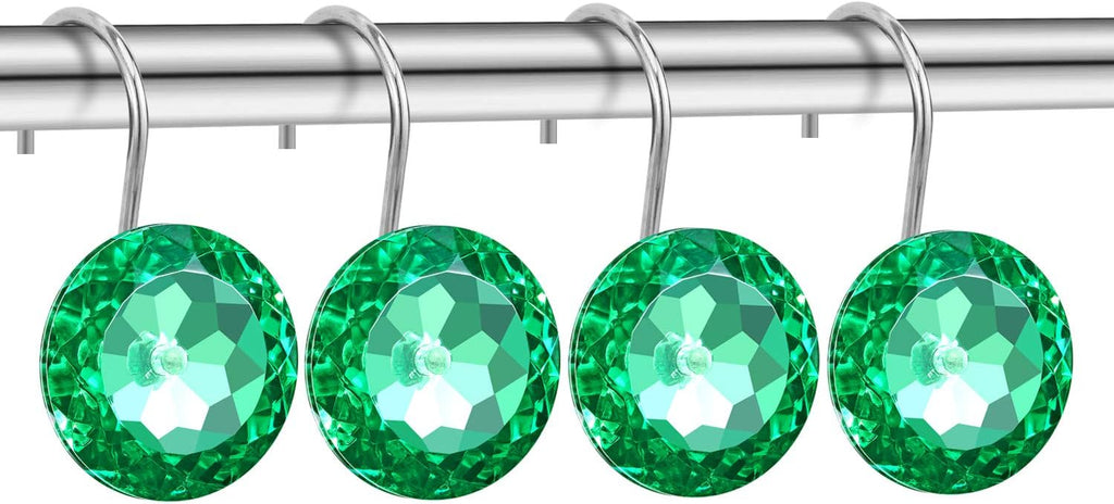 CHICTIE Green Shower Curtain Hooks Rings Crystal,Diamond Decorative Shower Curtain Hooks,Set of 12 Stainless Steel Rust-Proof Round Rhinestones Shower Rings Hangers for Bathroom