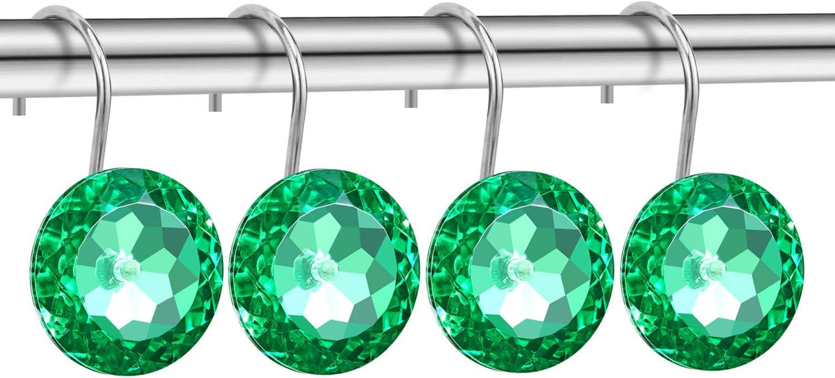 CHICTIE Green Shower Curtain Hooks Rings Crystal,Diamond Decorative Shower Curtain Hooks,Set of 12 Stainless Steel Rust-Proof Round Rhinestones Shower Rings Hangers for Bathroom