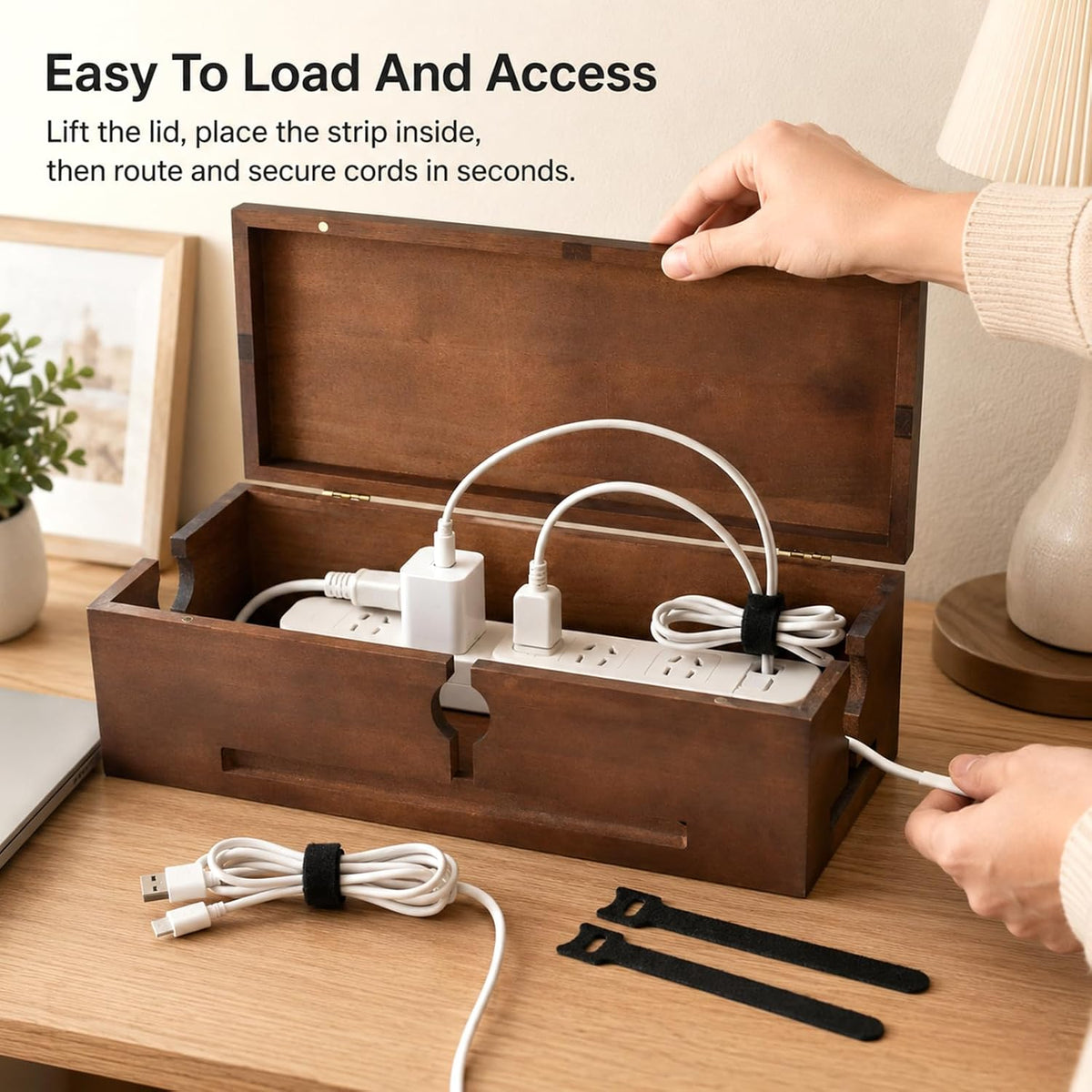 Wood Cable Management Box for Power Strip, Solid Wood Cord Organizer Box with Lid, Wire Storage Box for Desk, Living Room, Office and Media Setup