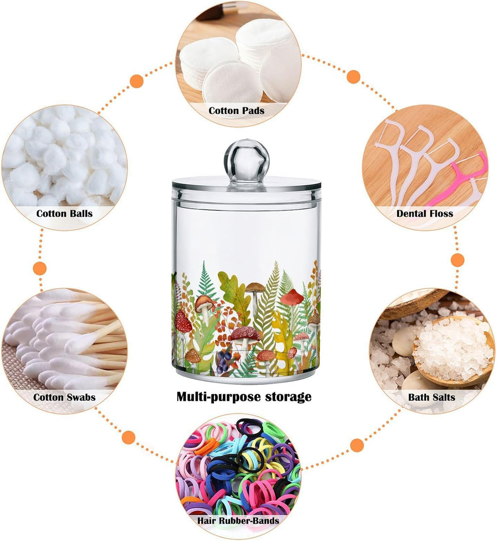 Fall Leaf Mushroom Apothecary Jars with Lids for Bathroom - 10 OZ Qtip Holder Clear Plastic Jar Storage Canister for Cotton Balls, Swabs, Makeup Organizer, 4 Pack