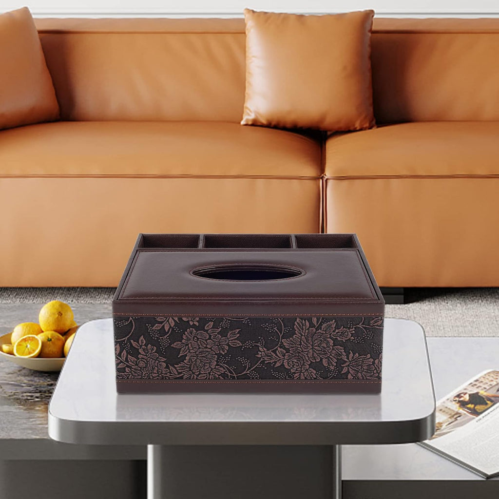 Tissue Box Cover Rectangle Retro Tissue Box Holder PU Leather Facial Tissues Organizer,Multifunctional Remote Control Stationery Storage Box,Home Office Supplies Car Napkin Caddy