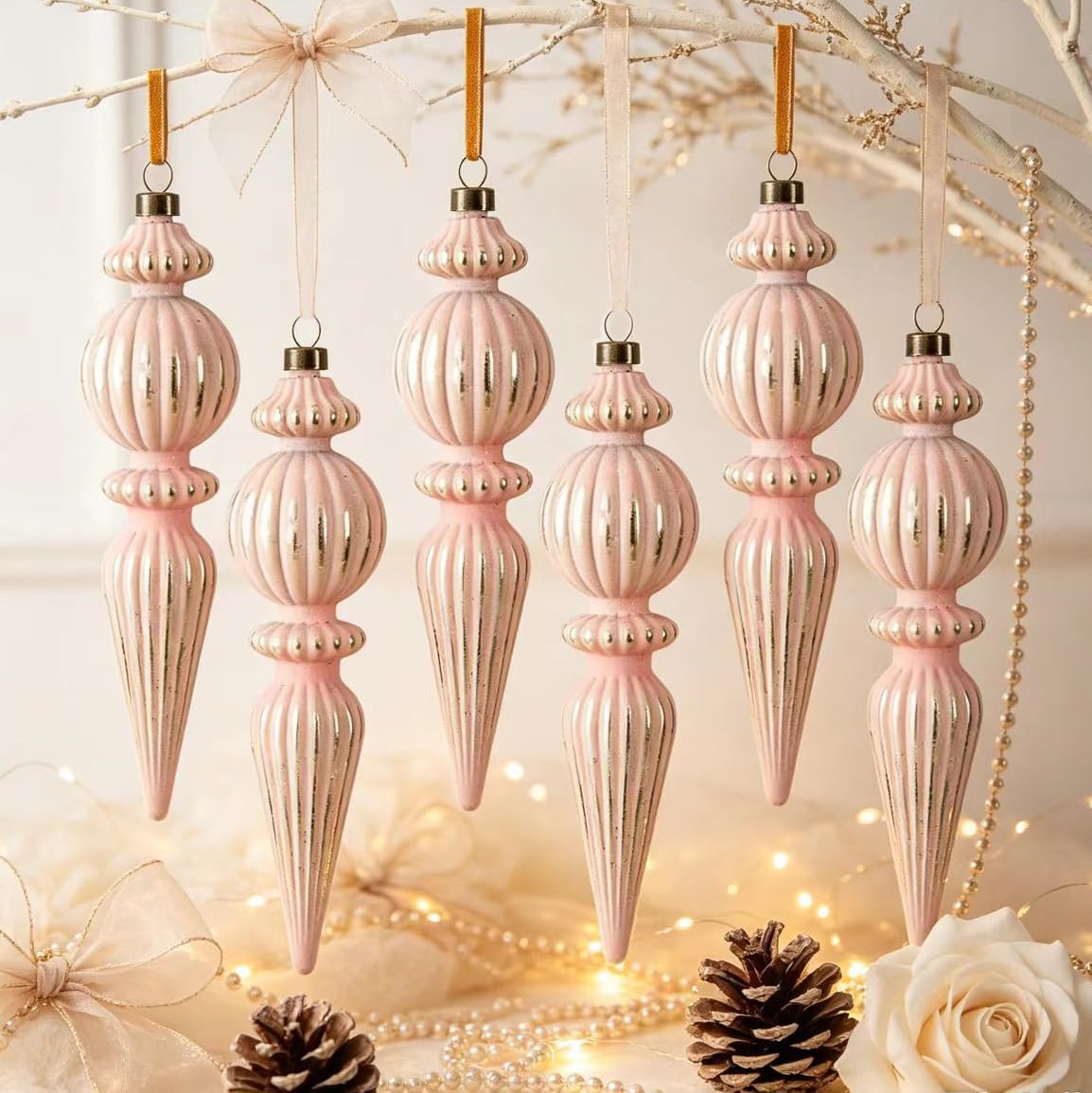 Pink Vintage Finial Christmas Ornaments, 6Pcs Neutral Shatterproof Xmas Tree Ornaments