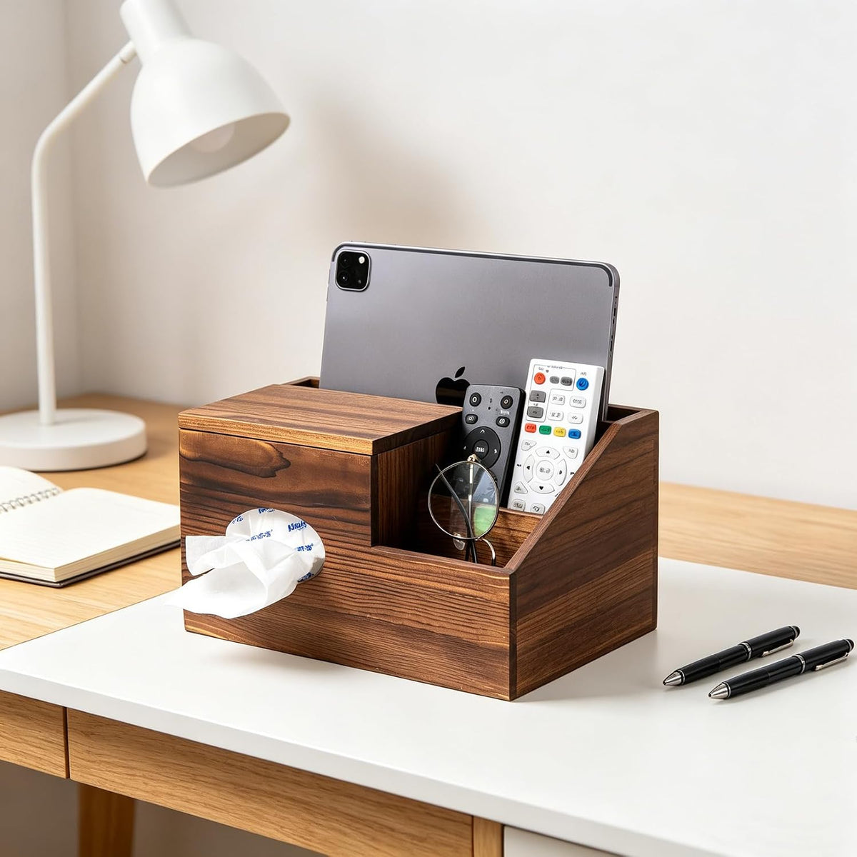 Deluxe Dark Rustic Brown Wooden Remote Control Caddy with Tissue Box Cover – Multi-Compartment Organizer for TV Remotes, Phones, Tablets and Living Room Essentials