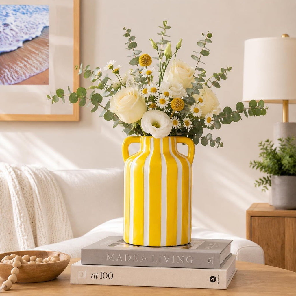 SURE YUESI Yellow Ceramic Vase with Handles, Modern Farmhouse Striped Decorative Vase, 9.1" Art Deco Tall Flower Vases for Pampas Grass, Shelf Decor, Dining Table Centerpiece, Living Room Home Decor