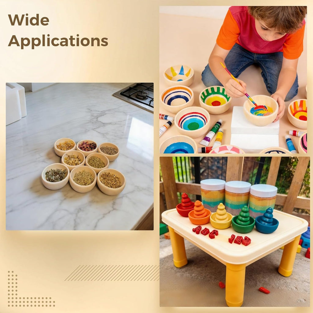 24 Pcs Unfinished Wooden Bowls, 2.4x1.2 in, Mini DIY Crafts Bowl Set, Natural Wood Pinch Bowls for Young Crafters' Painting, Pretend Play, Home Decor, and Party Favors